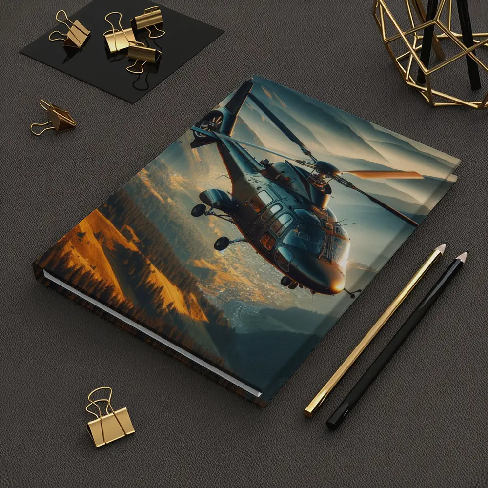 Helicopter Flying Over Mountain Valley Landscape – Notebooks