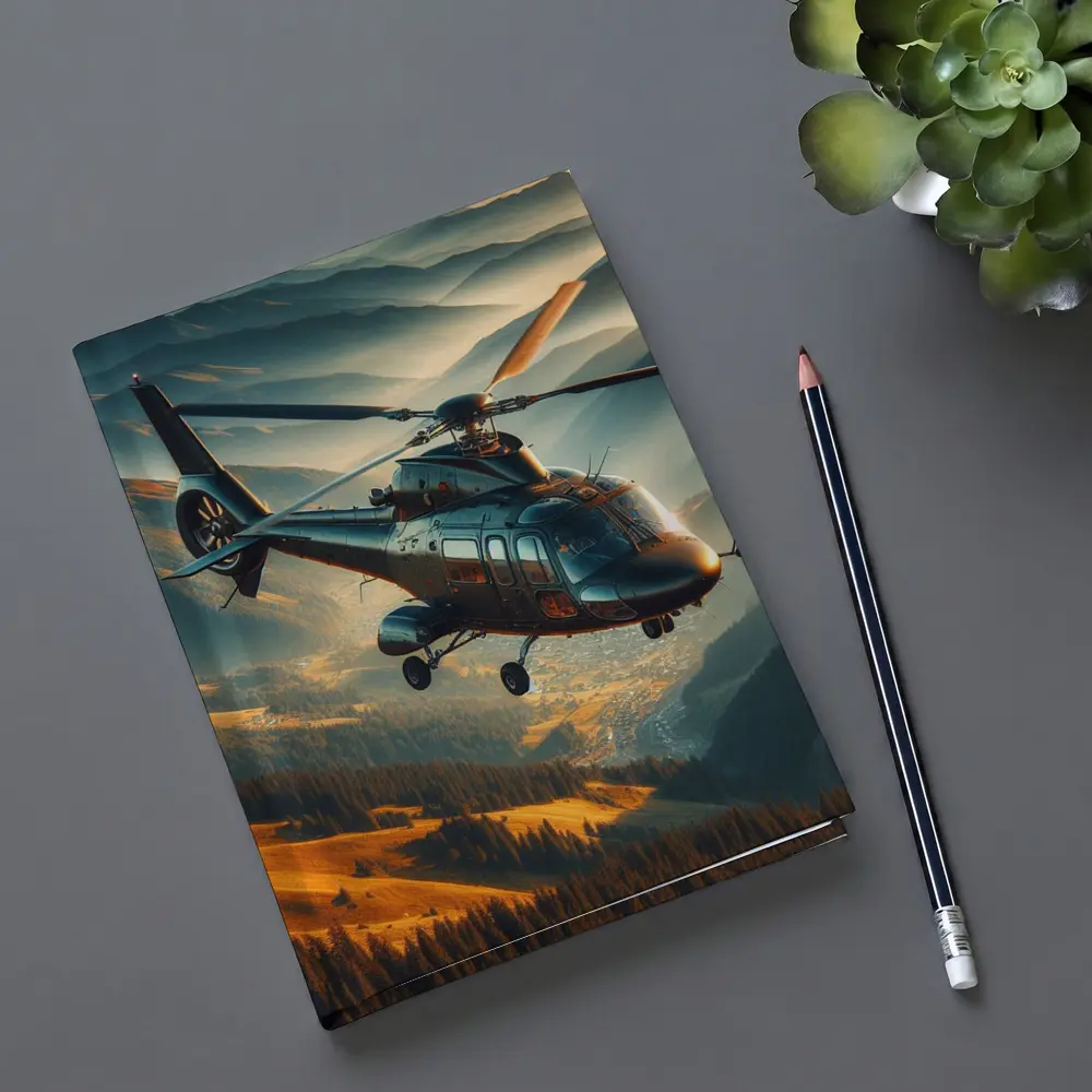 Helicopter Flying Over Mountain Valley Landscape – Notebooks