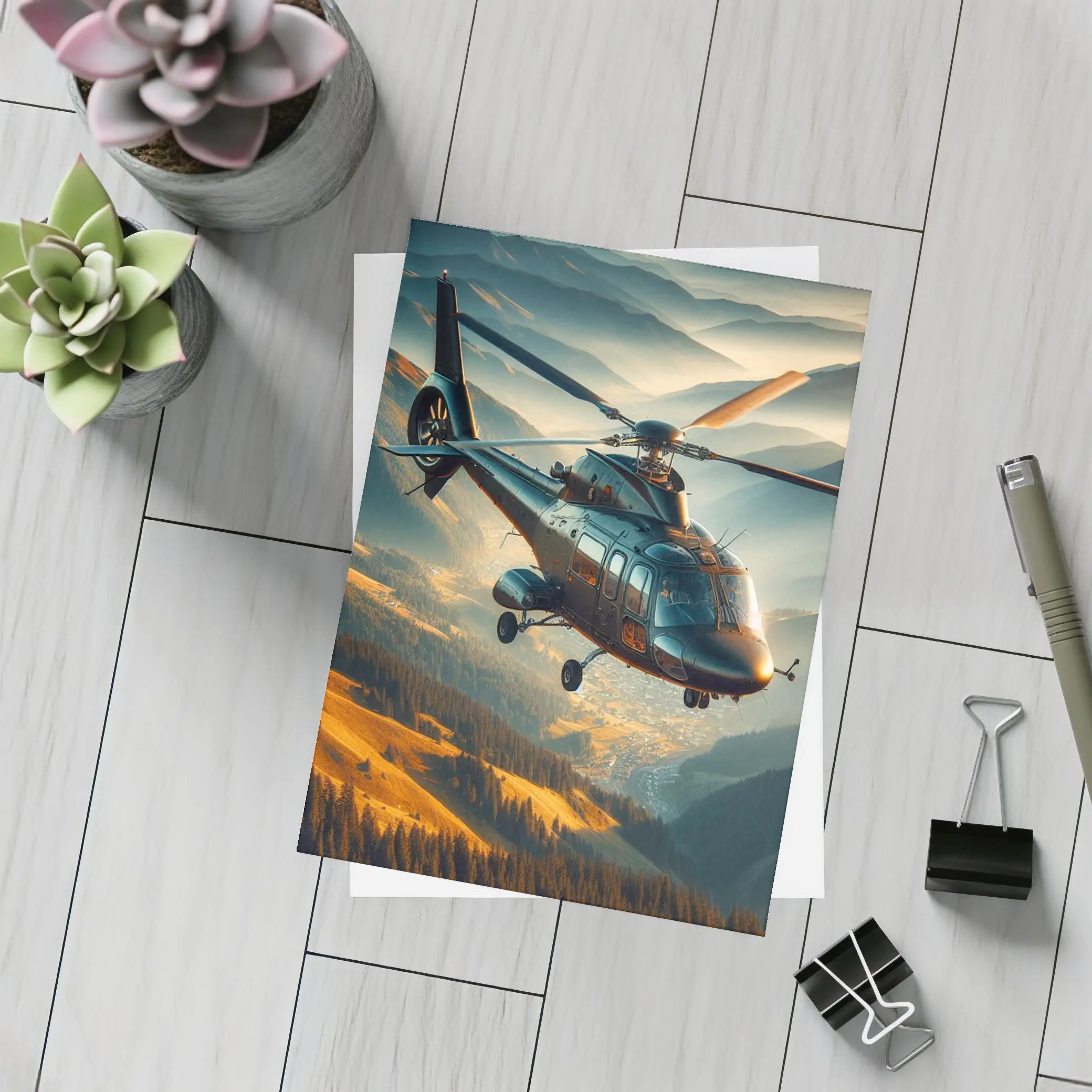 Helicopter Flying Over Mountain Valley Landscape – Postcards