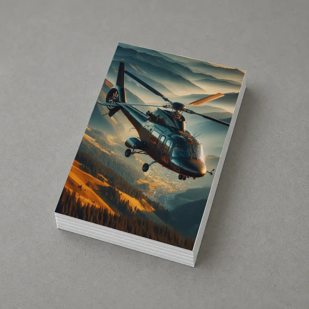 Helicopter Flying Over Mountain Valley Landscape – Postcards