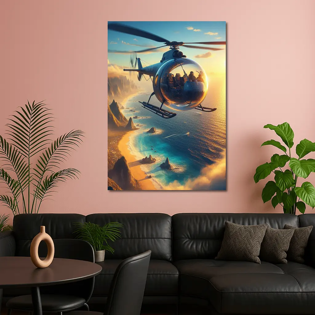 Helicopter Flying Over Coastal Sunset Landscape – Wall Art