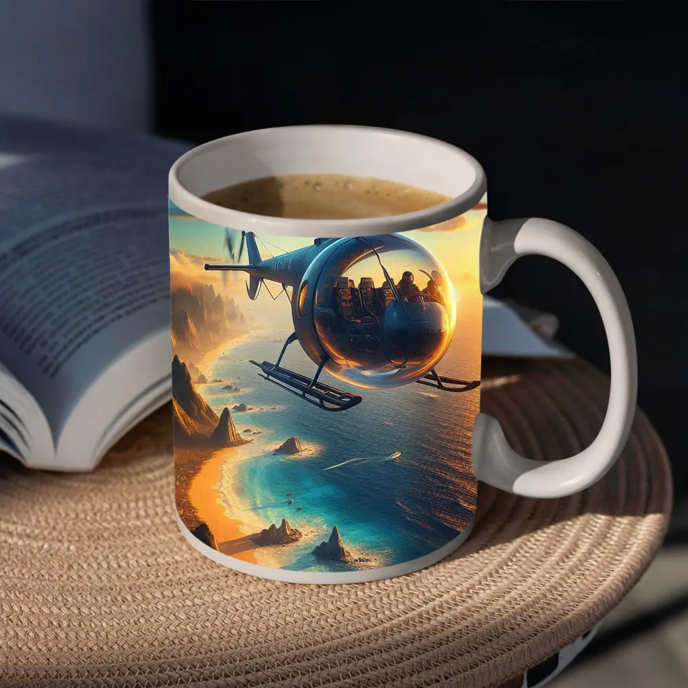 Helicopter Flying Over Coastal Sunset Landscape – Mugs