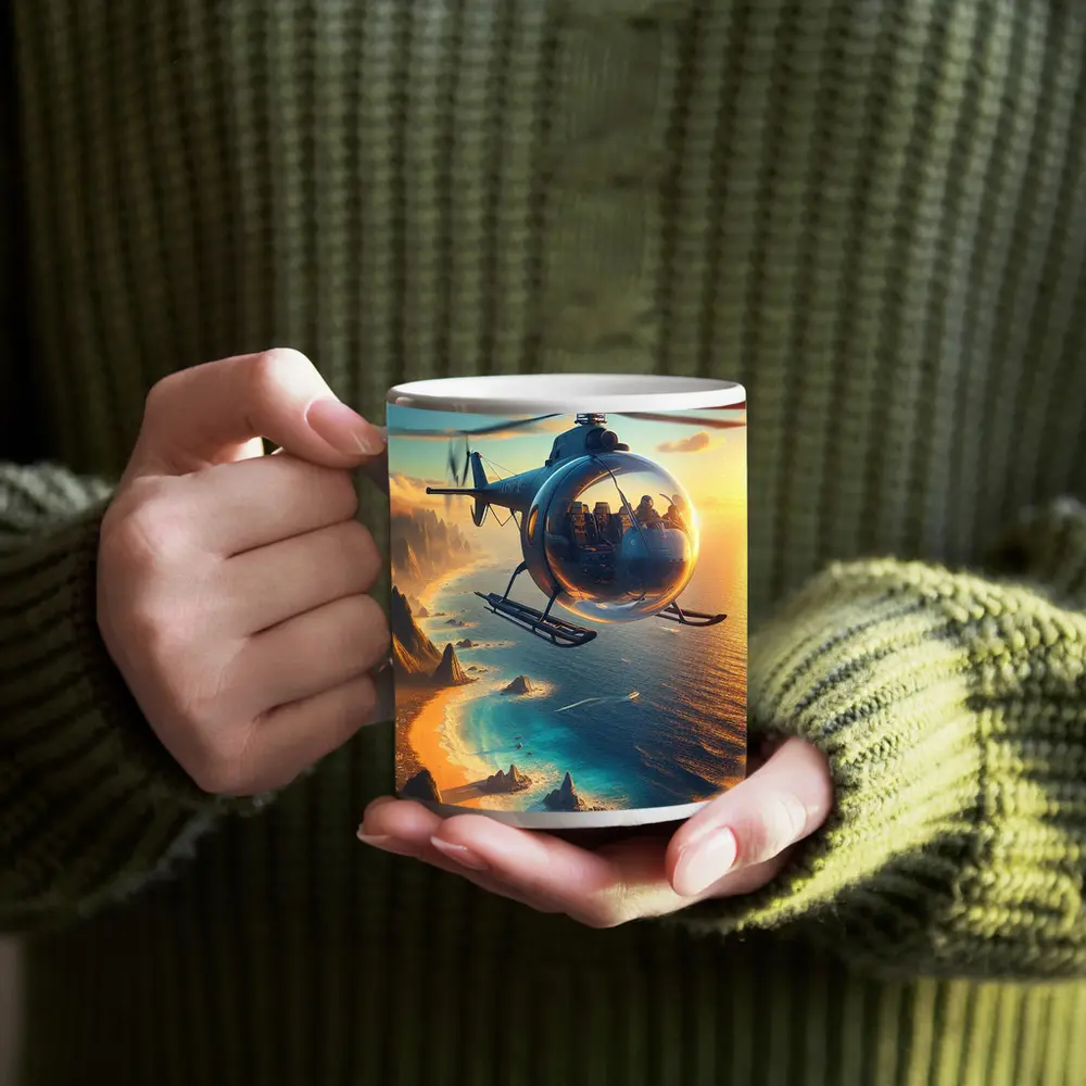Helicopter Flying Over Coastal Sunset Landscape – Mugs