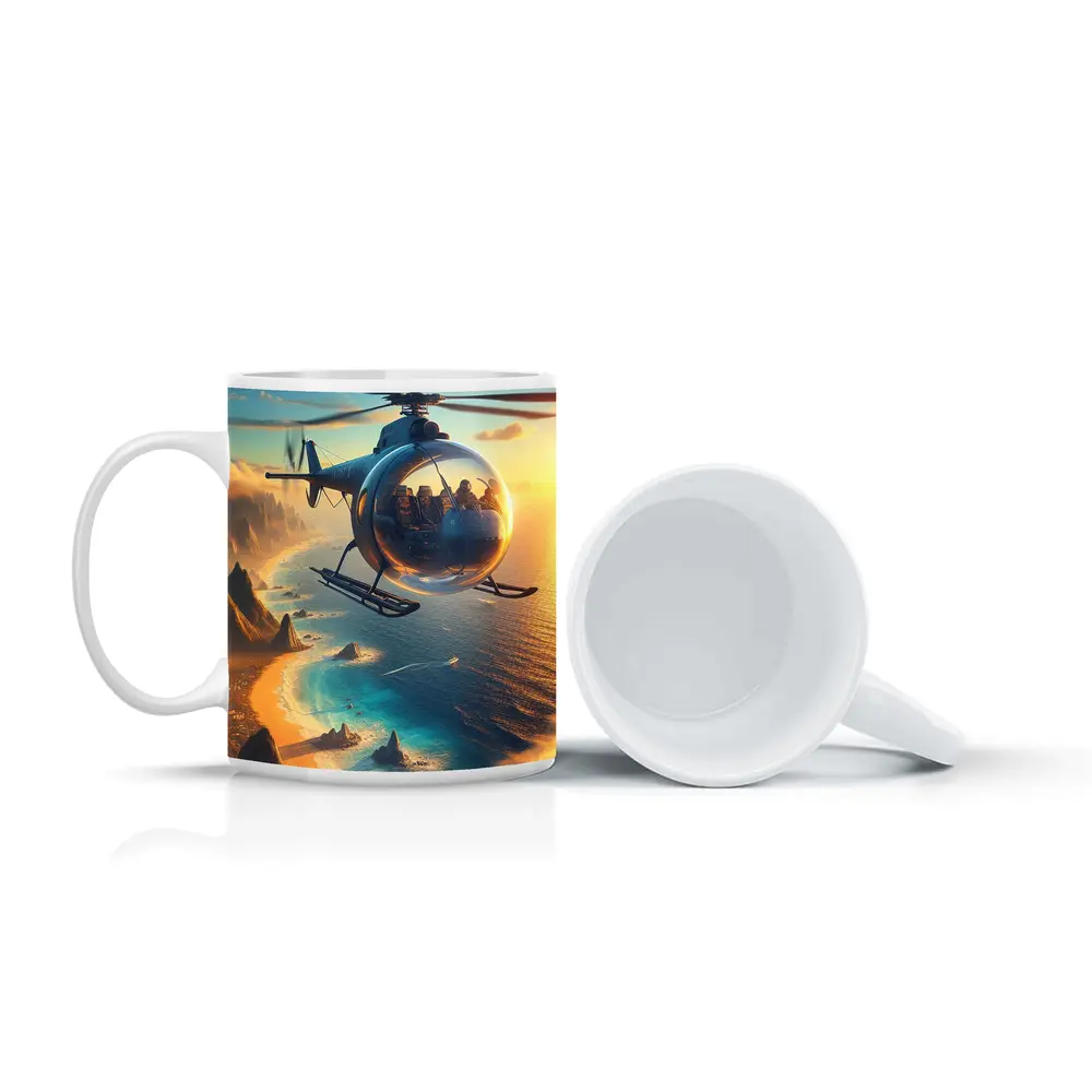 Helicopter Flying Over Coastal Sunset Landscape – Mugs