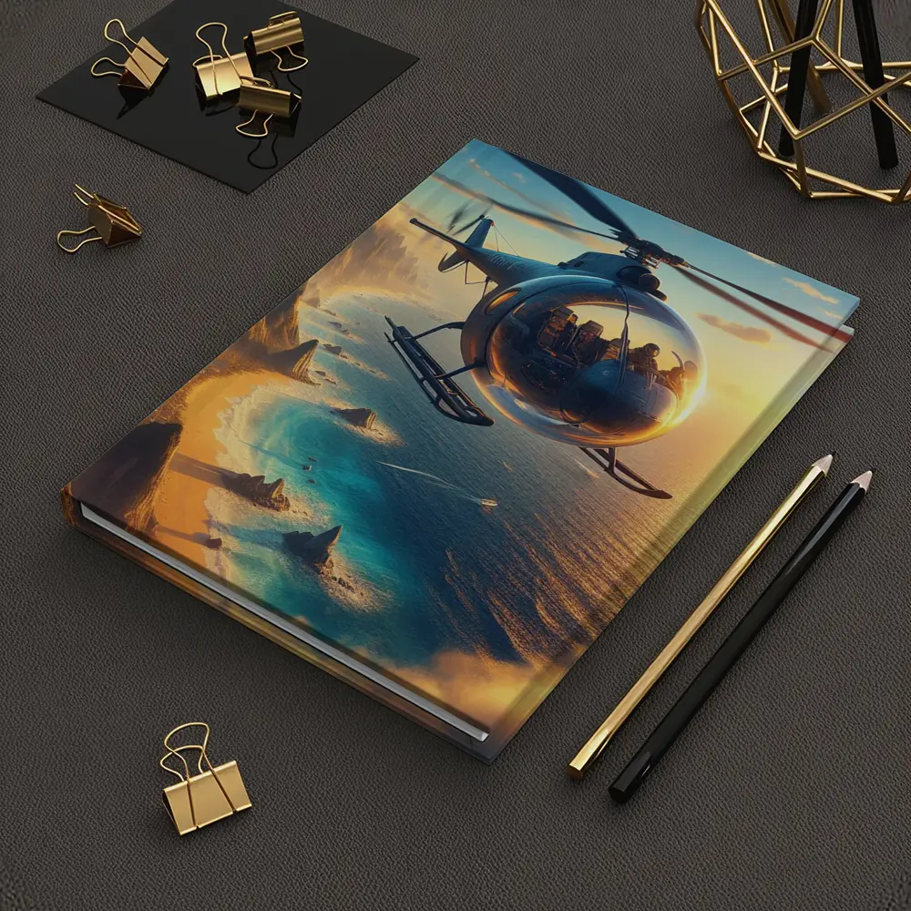 Helicopter Flying Over Coastal Sunset Landscape – Notebooks