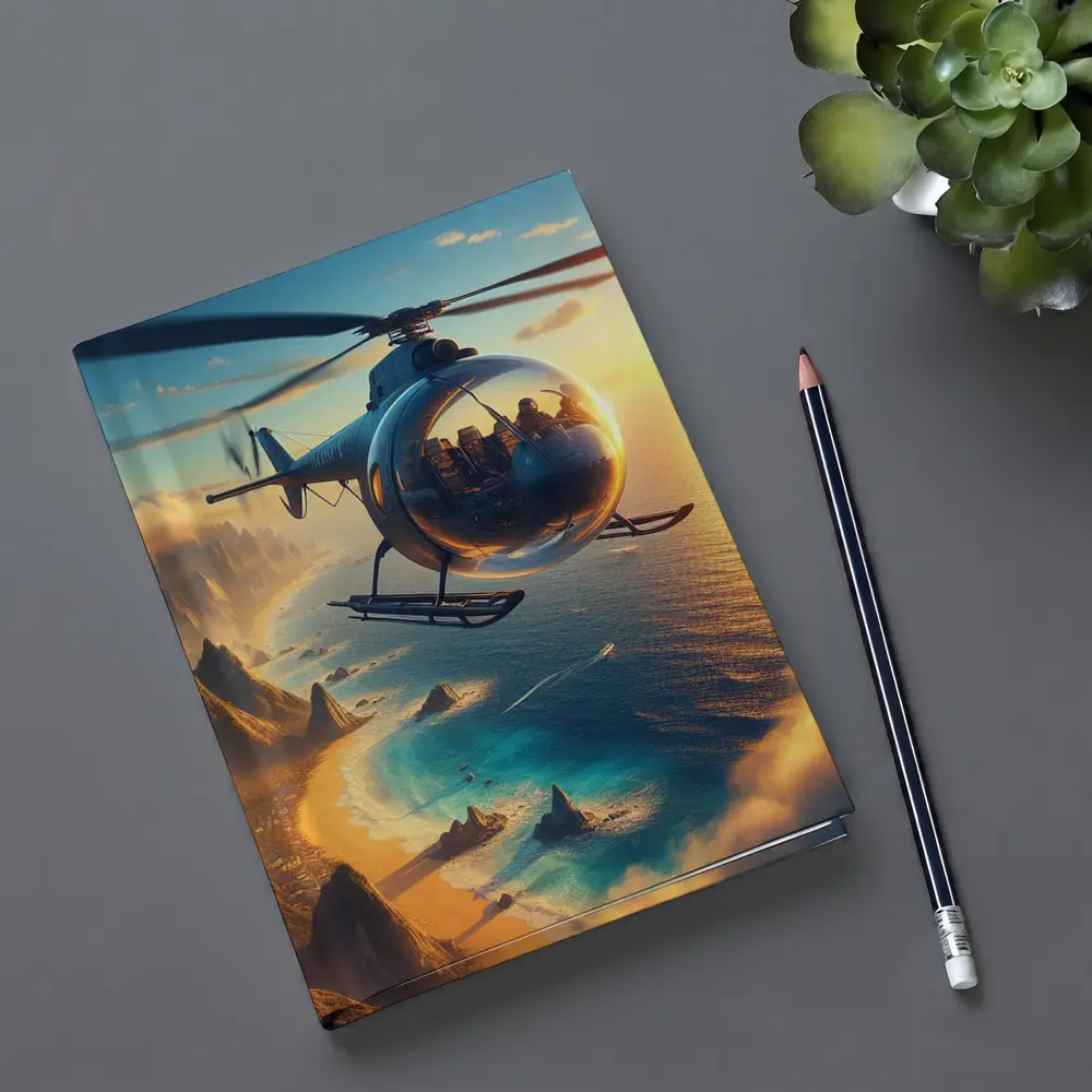 Helicopter Flying Over Coastal Sunset Landscape – Notebooks