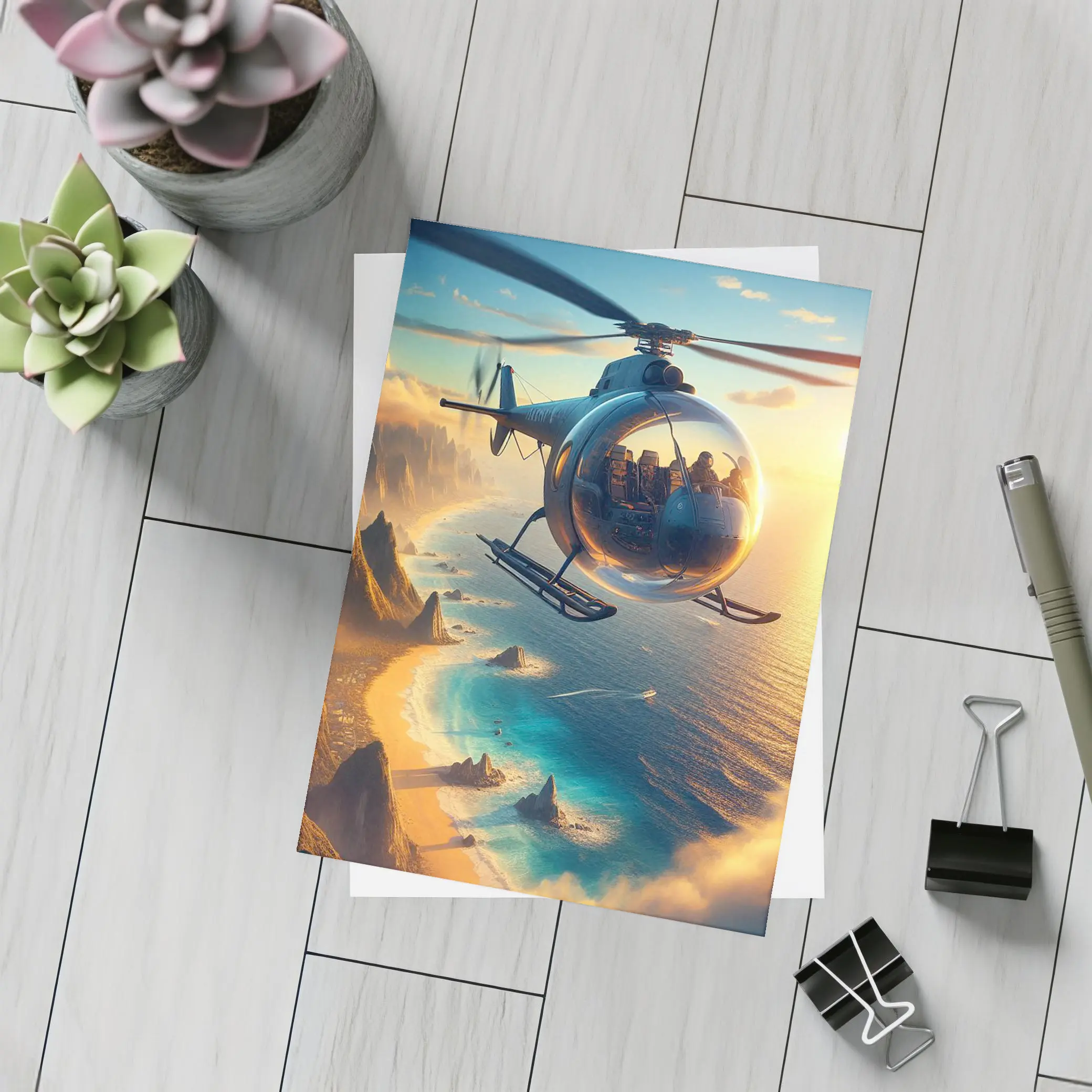 Helicopter Flying Over Coastal Sunset Landscape – Postcards