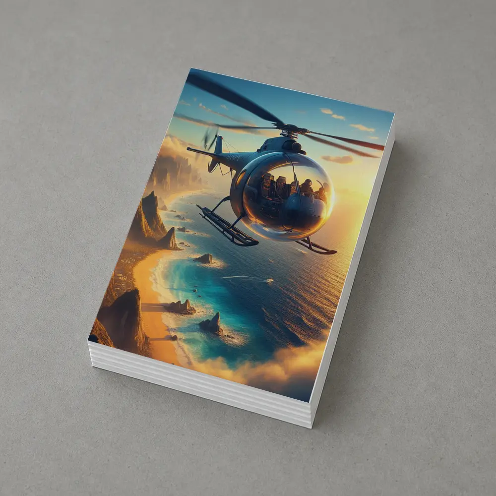 Helicopter Flying Over Coastal Sunset Landscape – Postcards