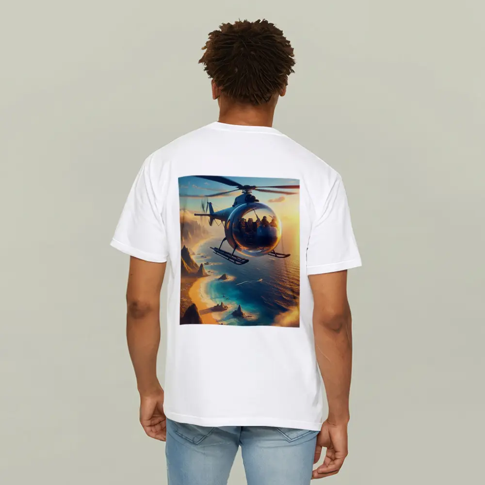 Helicopter Flying Over Coastal Sunset Landscape – T-Shirts
