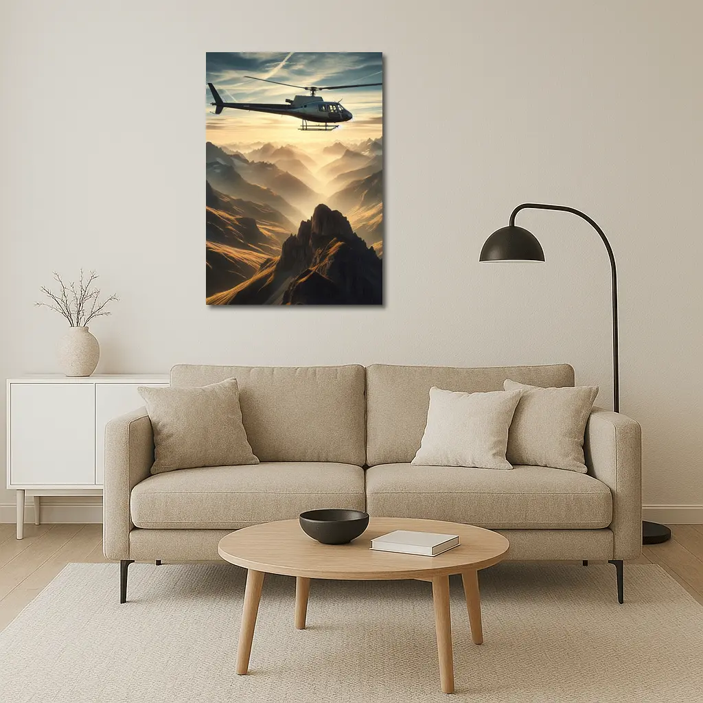 Helicopter Flying Over Misty Mountain Range – Wall Art