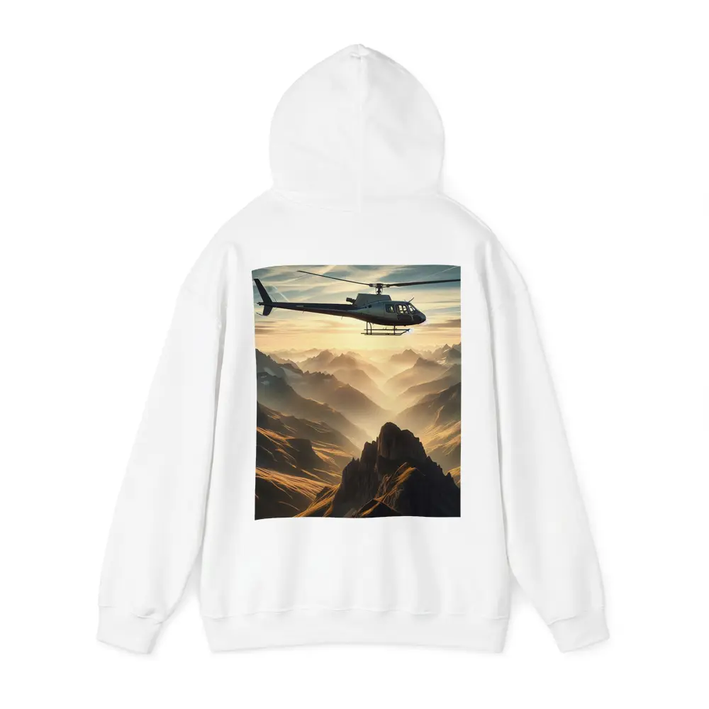 Helicopter Flying Over Misty Mountain Range – Hoodies