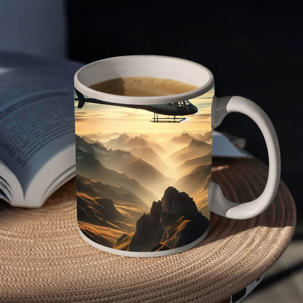 Helicopter Flying Over Misty Mountain Range – Mugs