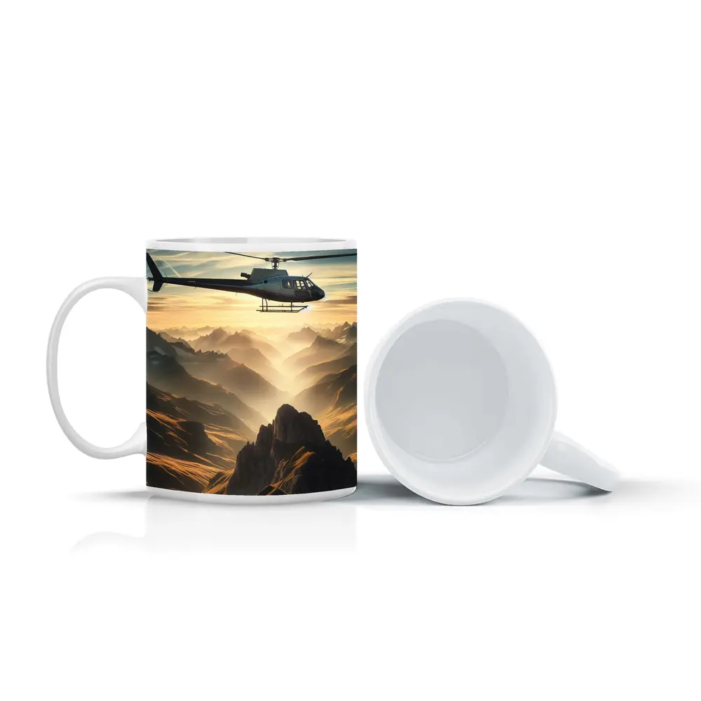 Helicopter Flying Over Misty Mountain Range – Mugs