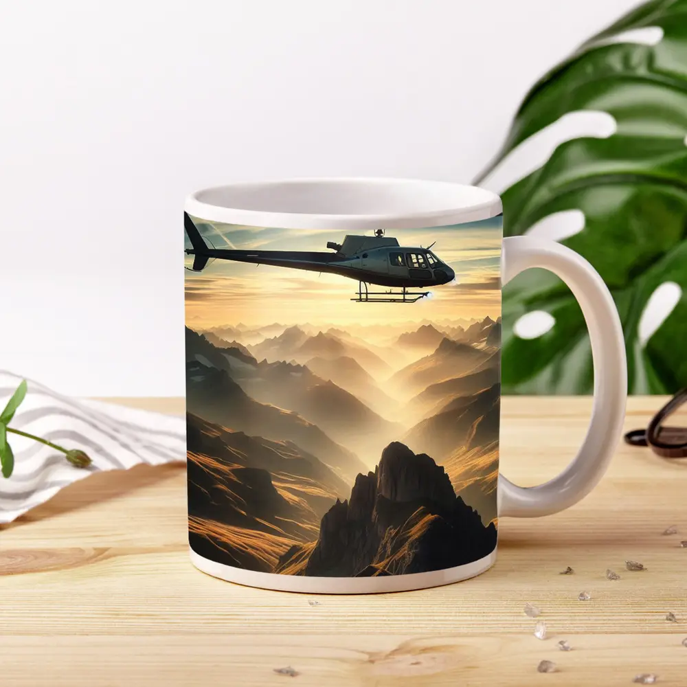 Helicopter Flying Over Misty Mountain Range – Mugs