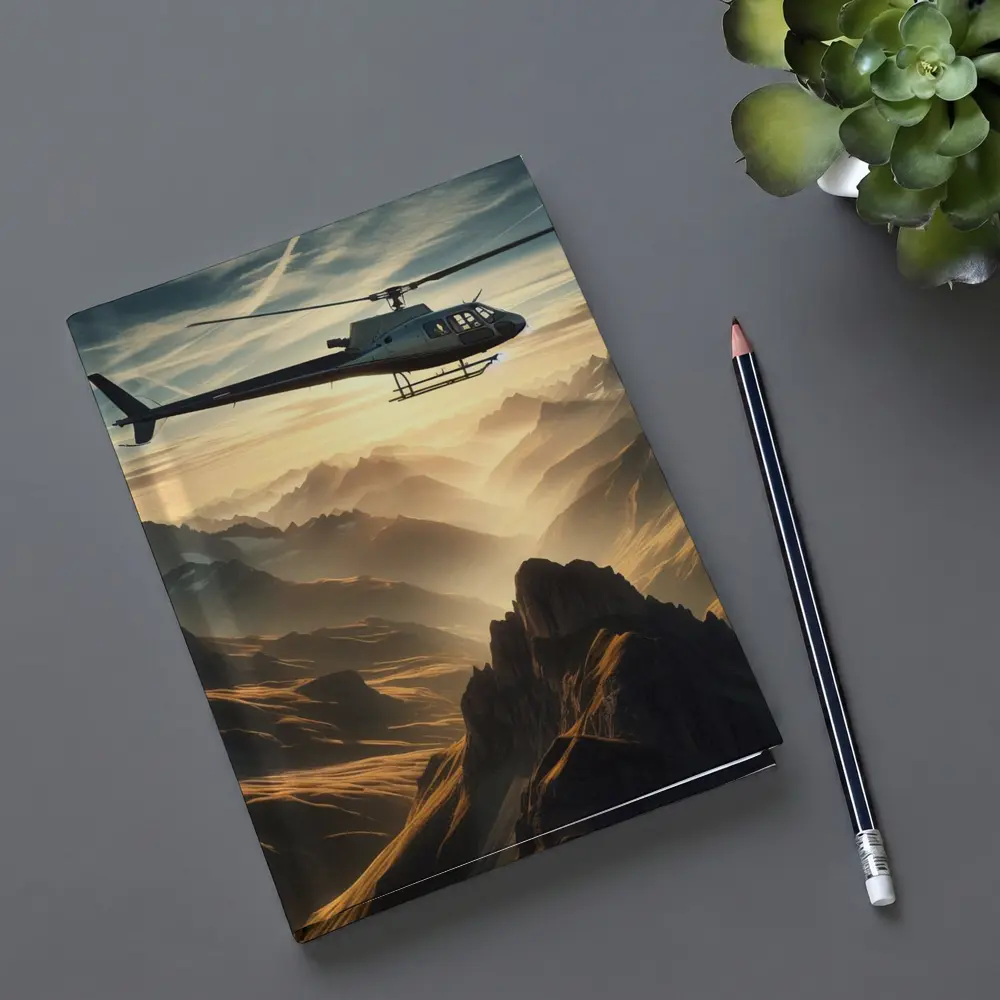 Helicopter Flying Over Misty Mountain Range – Notebooks