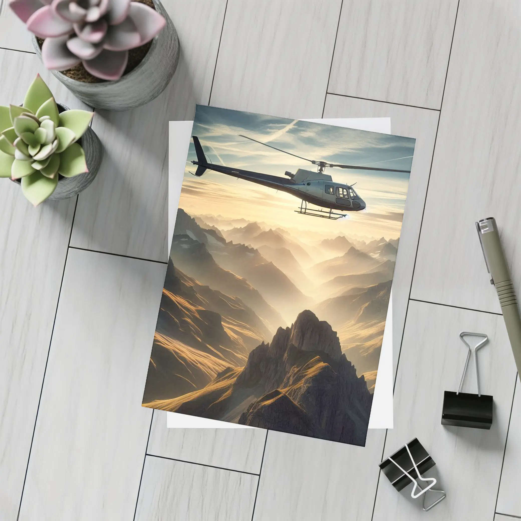 Helicopter Flying Over Misty Mountain Range – Postcards