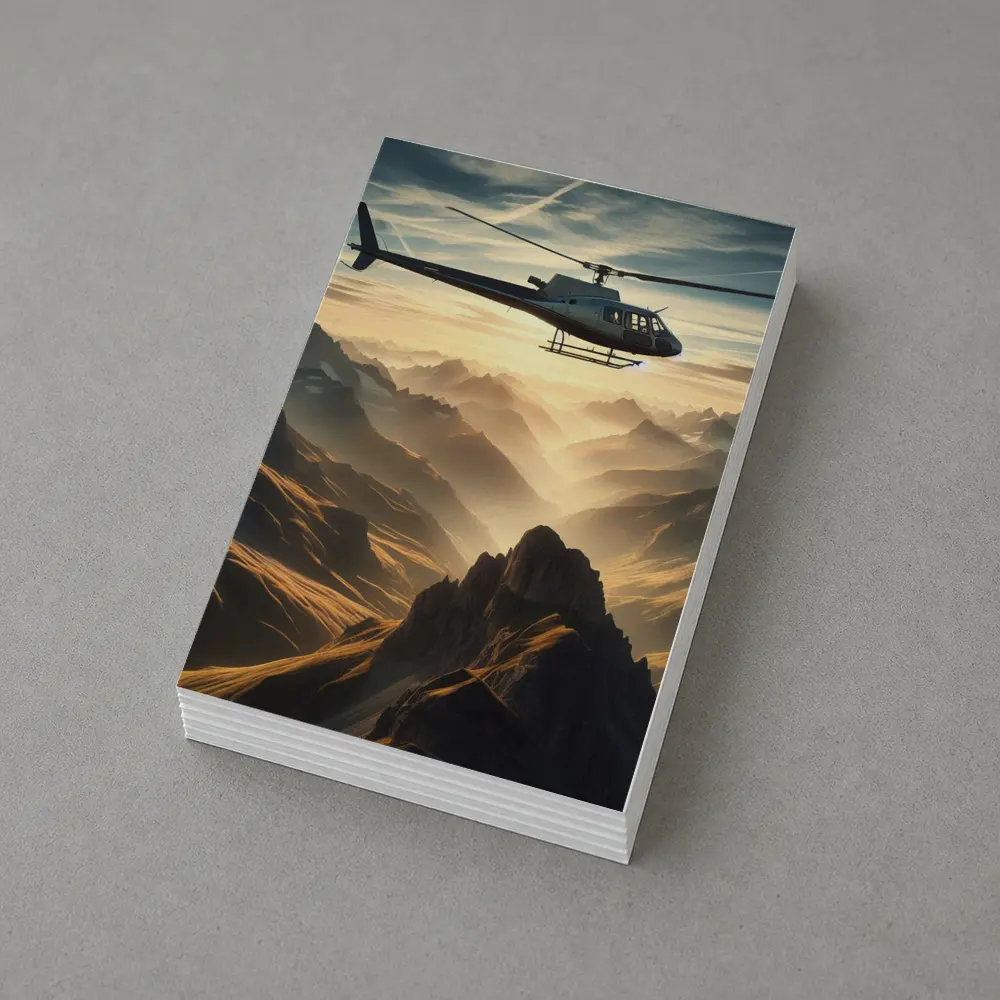 Helicopter Flying Over Misty Mountain Range – Postcards