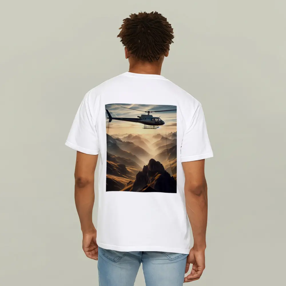 Helicopter Flying Over Misty Mountain Range – T-Shirts