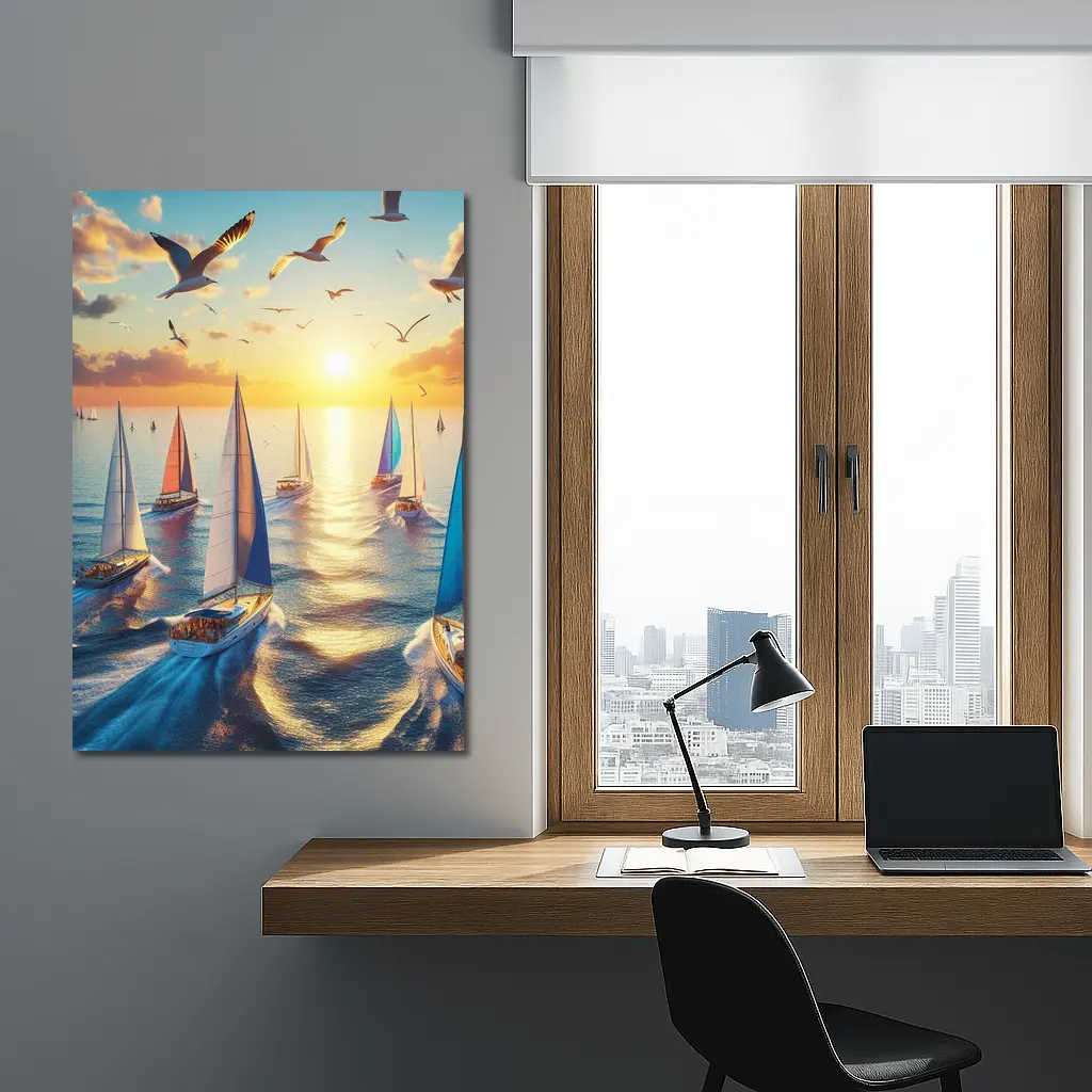 Sailboats Racing at Golden Sunset Sea – Wall Art