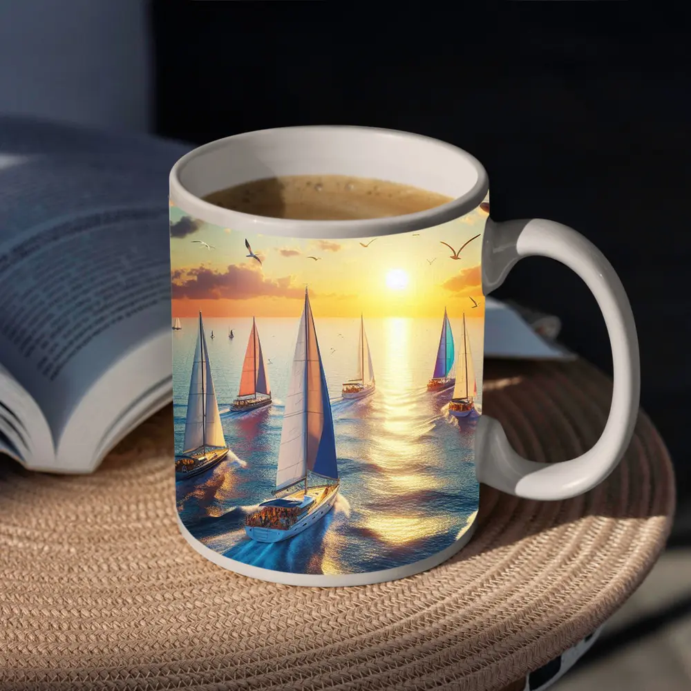 Sailboats Racing at Golden Sunset Sea – Mugs