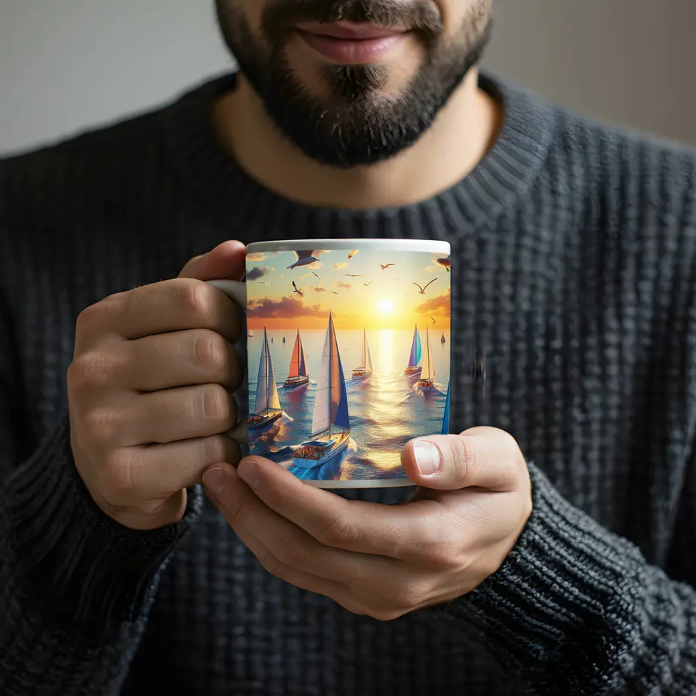 Sailboats Racing at Golden Sunset Sea – Mugs