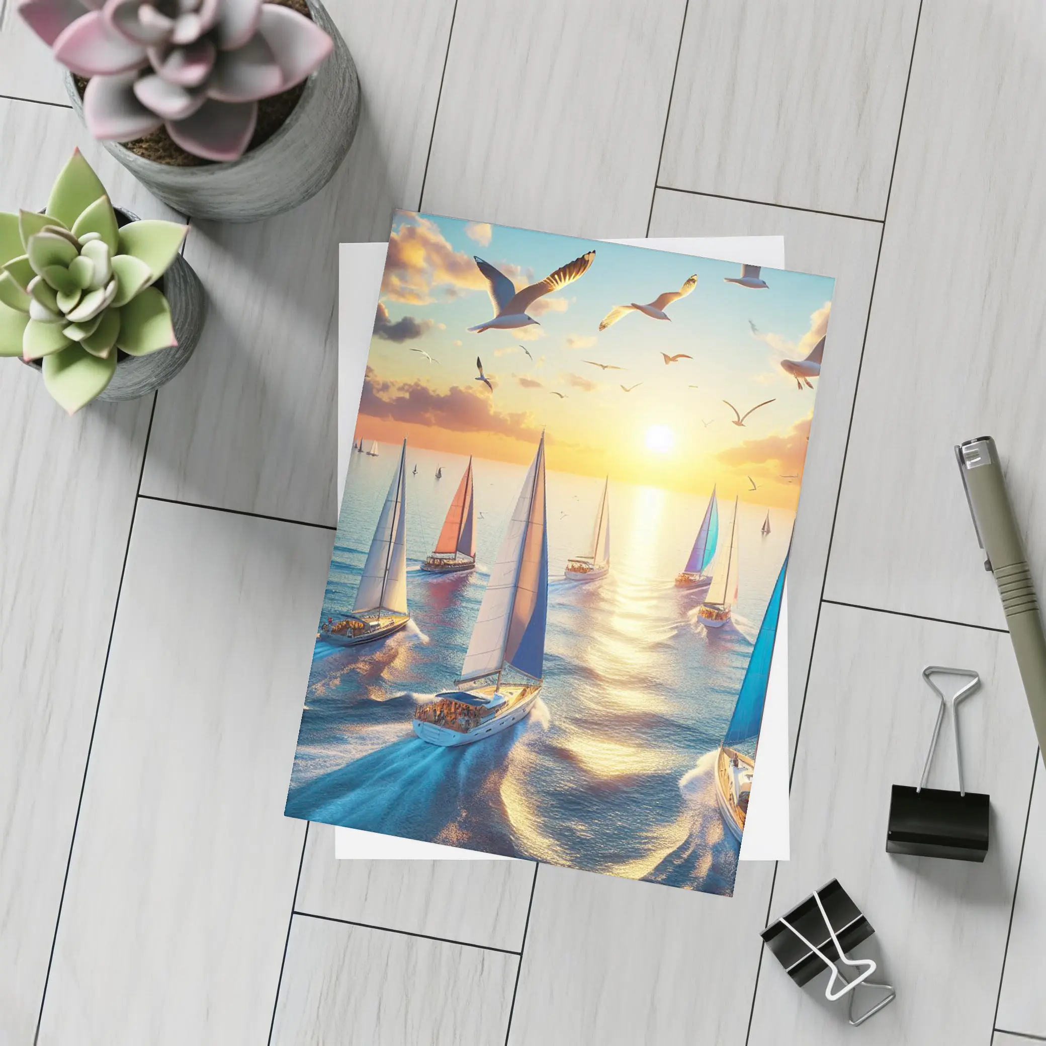 Sailboats Racing at Golden Sunset Sea – Postcards