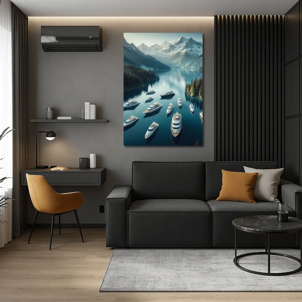 Luxury Yachts Anchored Alpine Mountain Lake – Wall Art