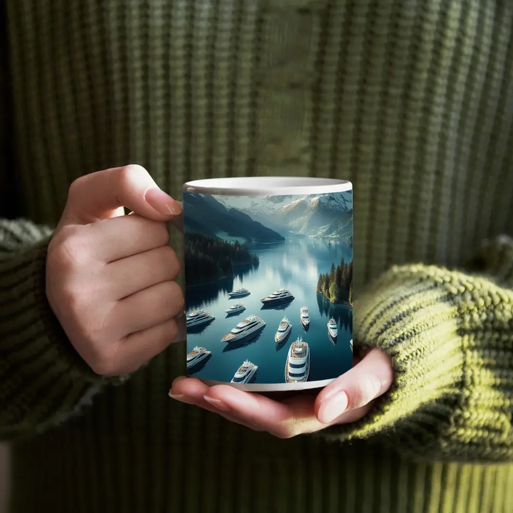Luxury Yachts Anchored Alpine Mountain Lake – Mugs