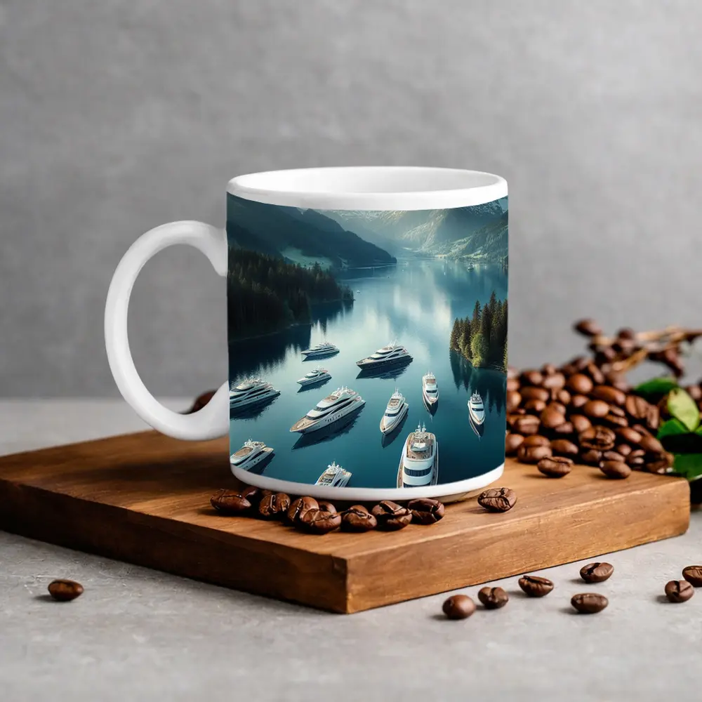 Luxury Yachts Anchored Alpine Mountain Lake – Mugs