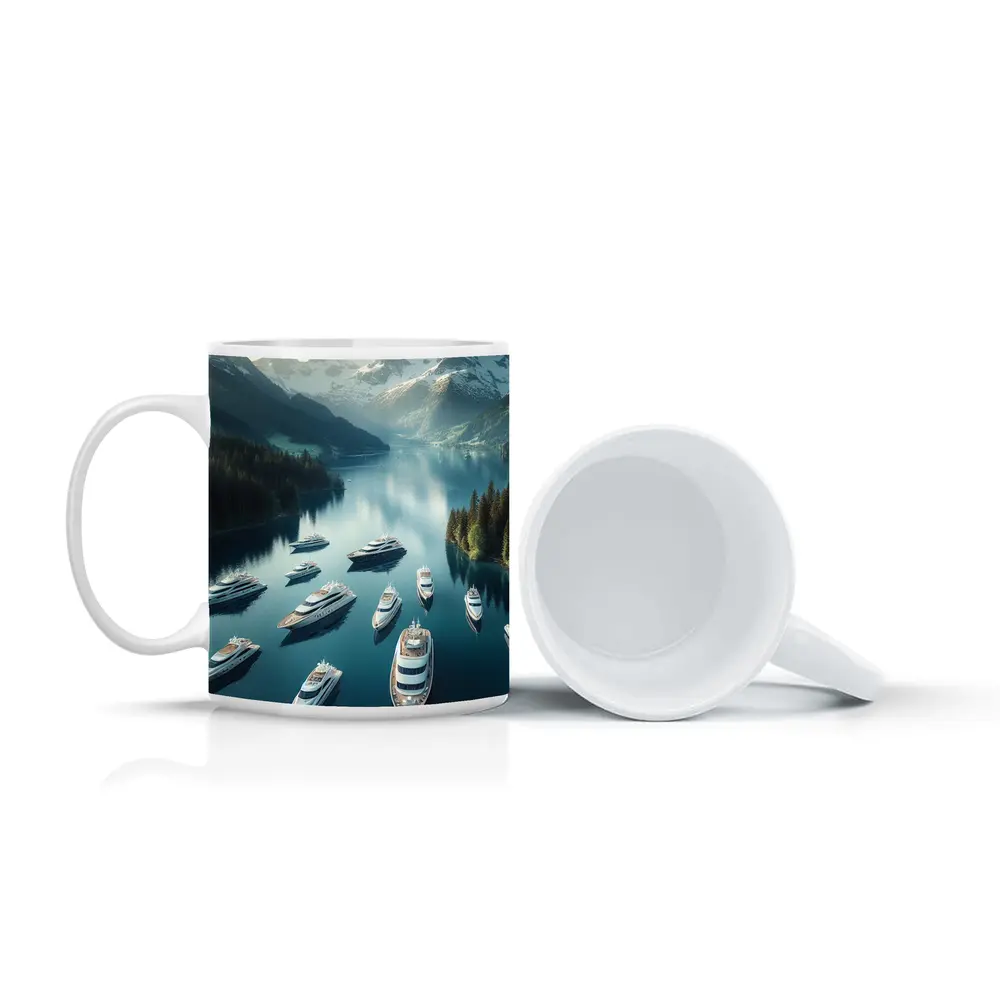 Luxury Yachts Anchored Alpine Mountain Lake – Mugs
