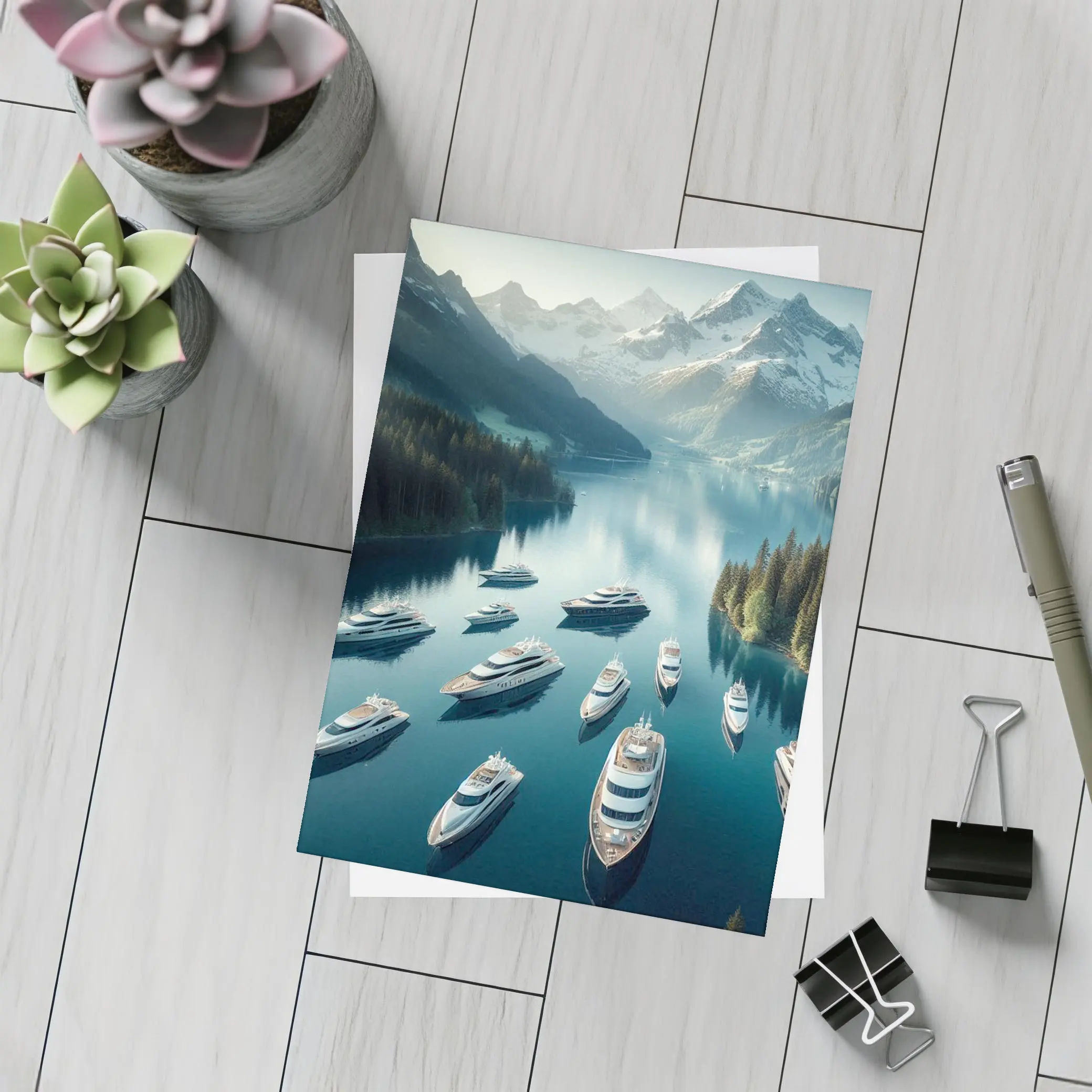 Luxury Yachts Anchored Alpine Mountain Lake – Postcards