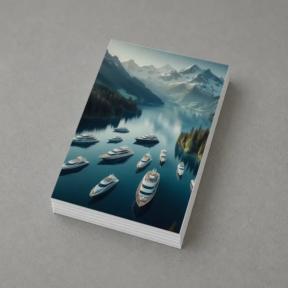 Luxury Yachts Anchored Alpine Mountain Lake – Postcards