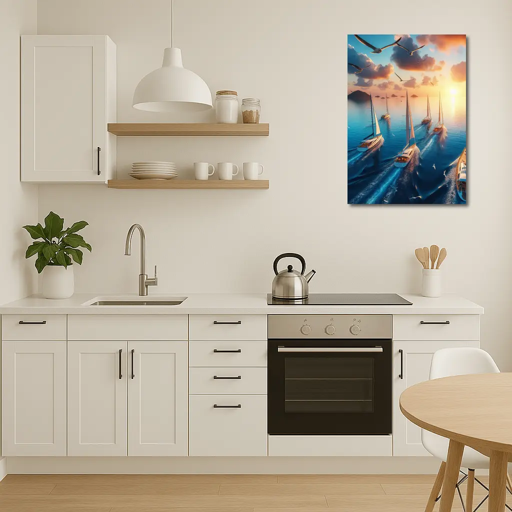 Sailboats Racing Ocean Sunset Seagulls Sky – Wall Art