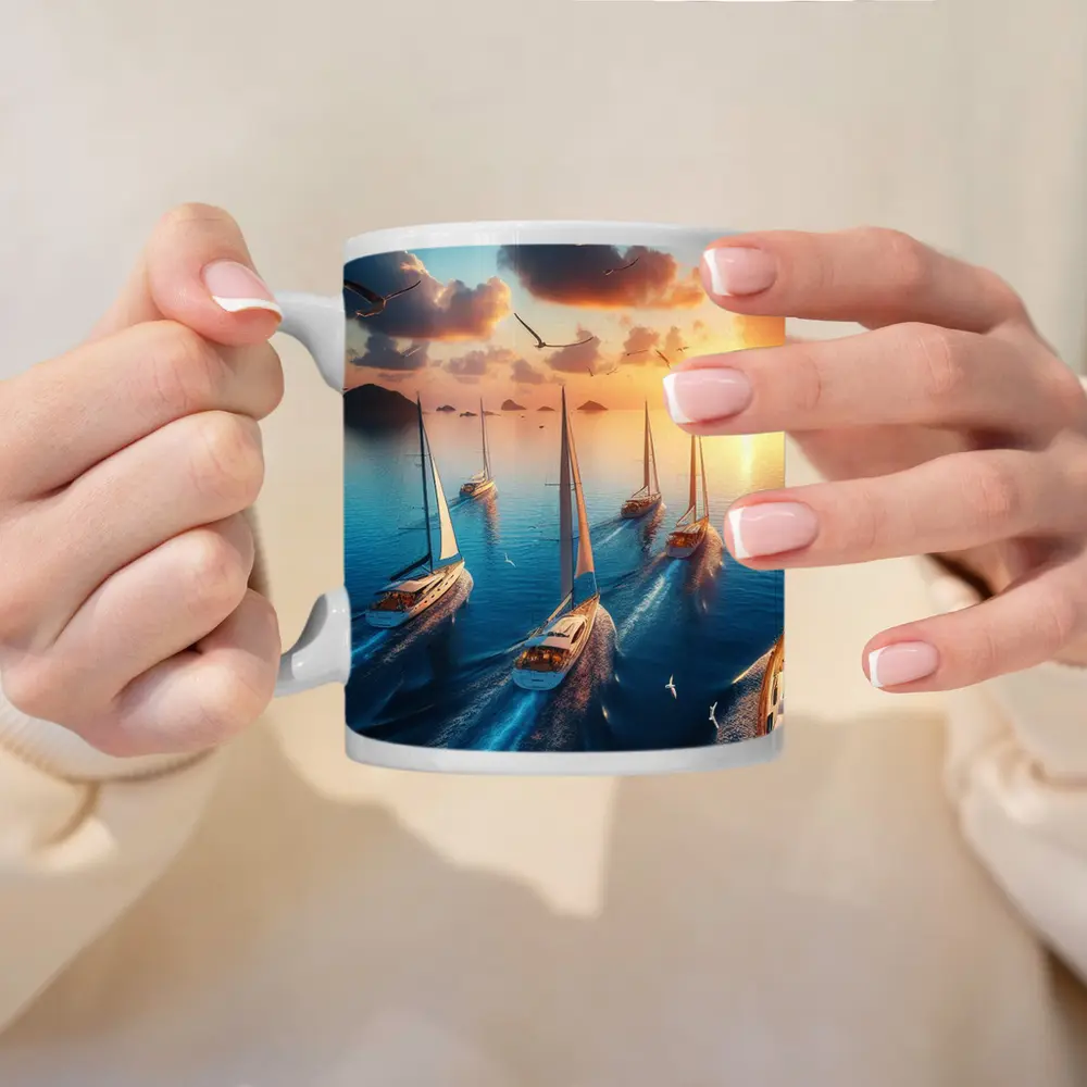 Sailboats Racing Ocean Sunset Seagulls Sky – Mugs