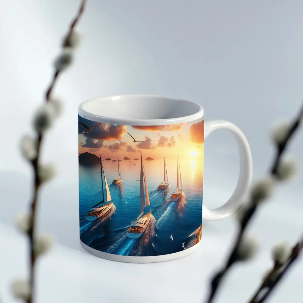 Sailboats Racing Ocean Sunset Seagulls Sky – Mugs