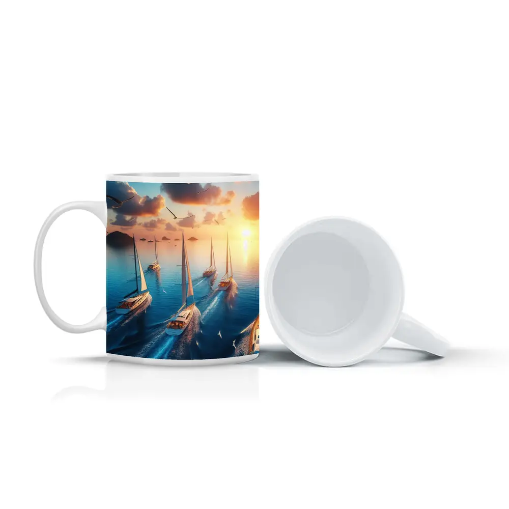 Sailboats Racing Ocean Sunset Seagulls Sky – Mugs