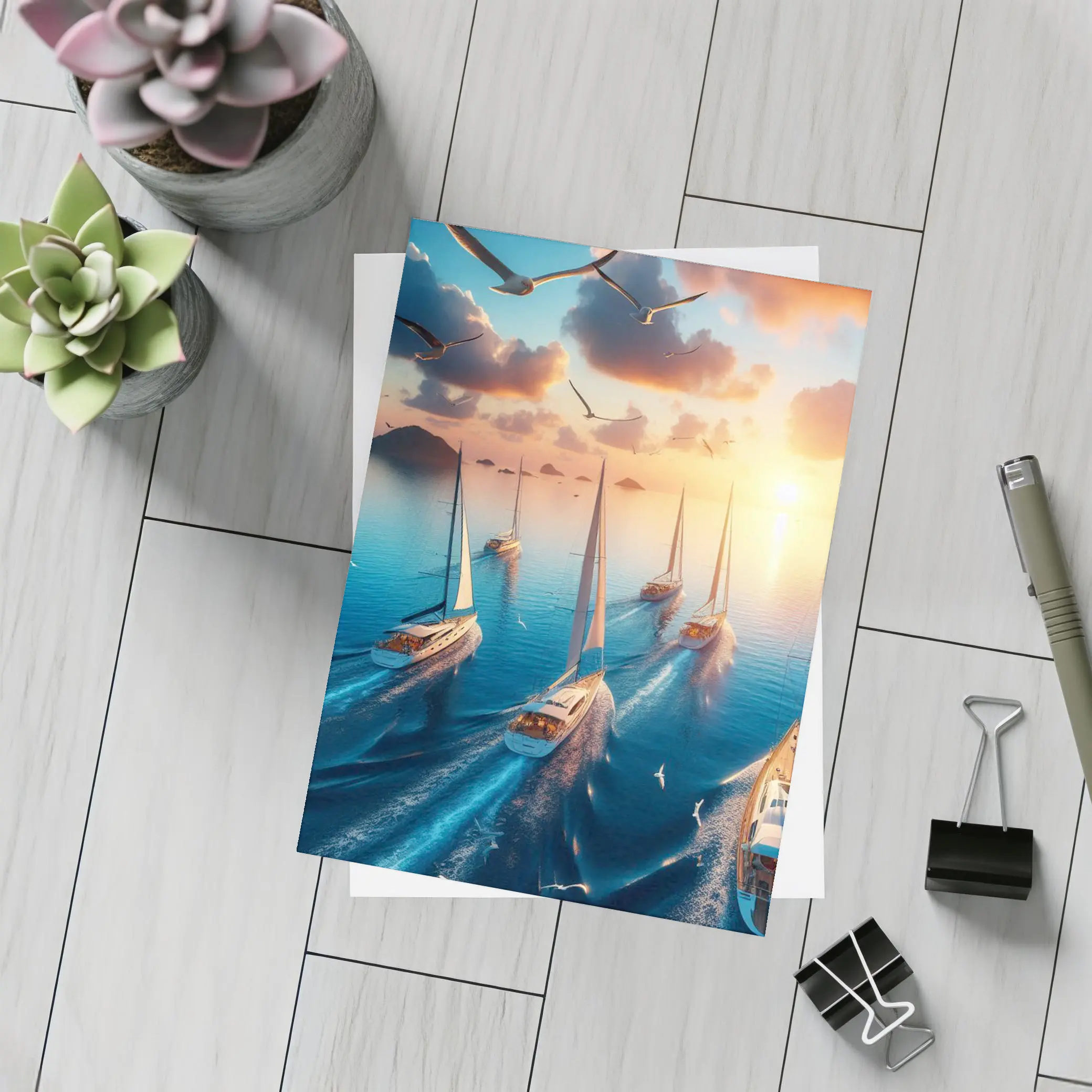 Sailboats Racing Ocean Sunset Seagulls Sky – Postcards