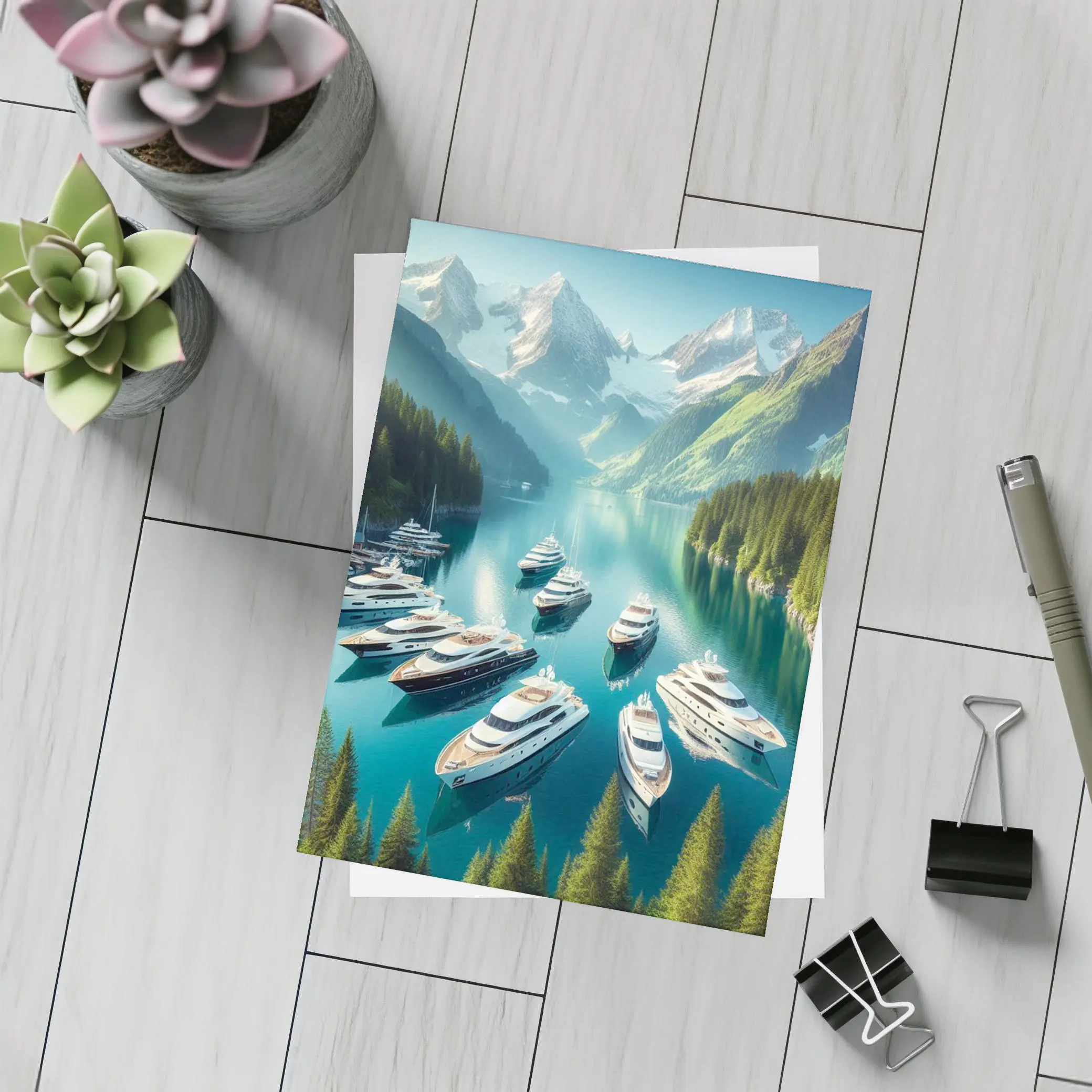 Luxury Yachts Anchored in Mountain Lake – Postcards