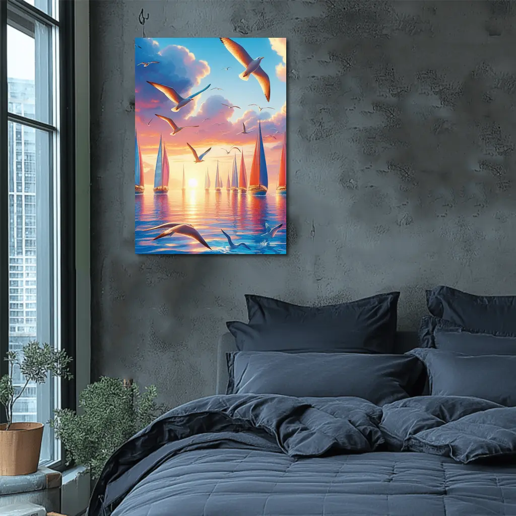 Seagulls Flying Over Sailboats Sunset Sea – Wall Art