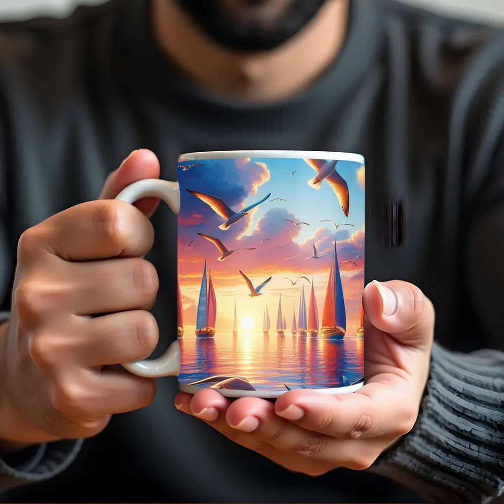 Seagulls Flying Over Sailboats Sunset Sea – Mugs