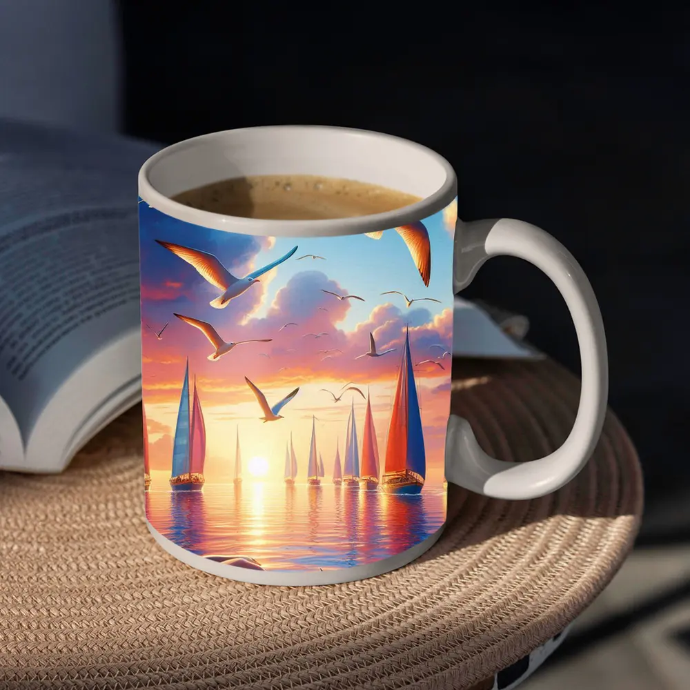 Seagulls Flying Over Sailboats Sunset Sea – Mugs