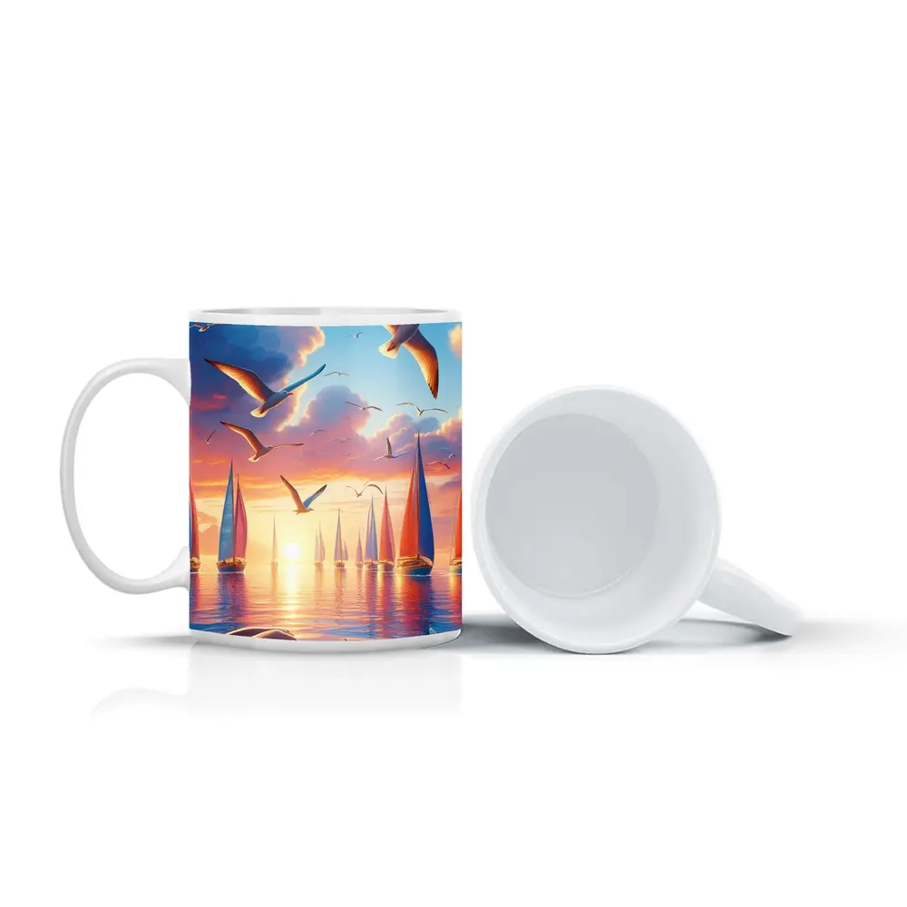 Seagulls Flying Over Sailboats Sunset Sea – Mugs