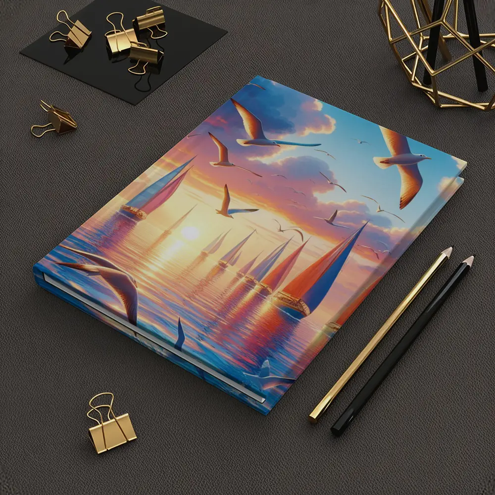 Seagulls Flying Over Sailboats Sunset Sea – Notebooks