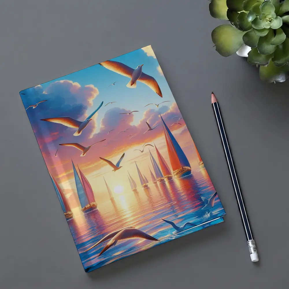Seagulls Flying Over Sailboats Sunset Sea – Notebooks