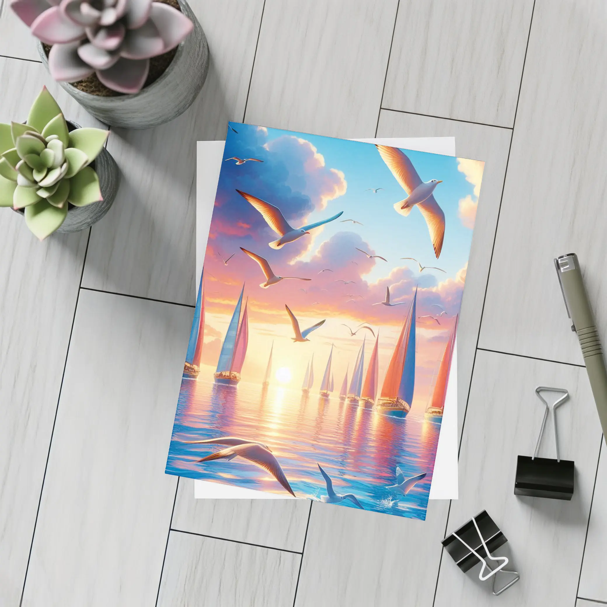 Seagulls Flying Over Sailboats Sunset Sea – Postcards