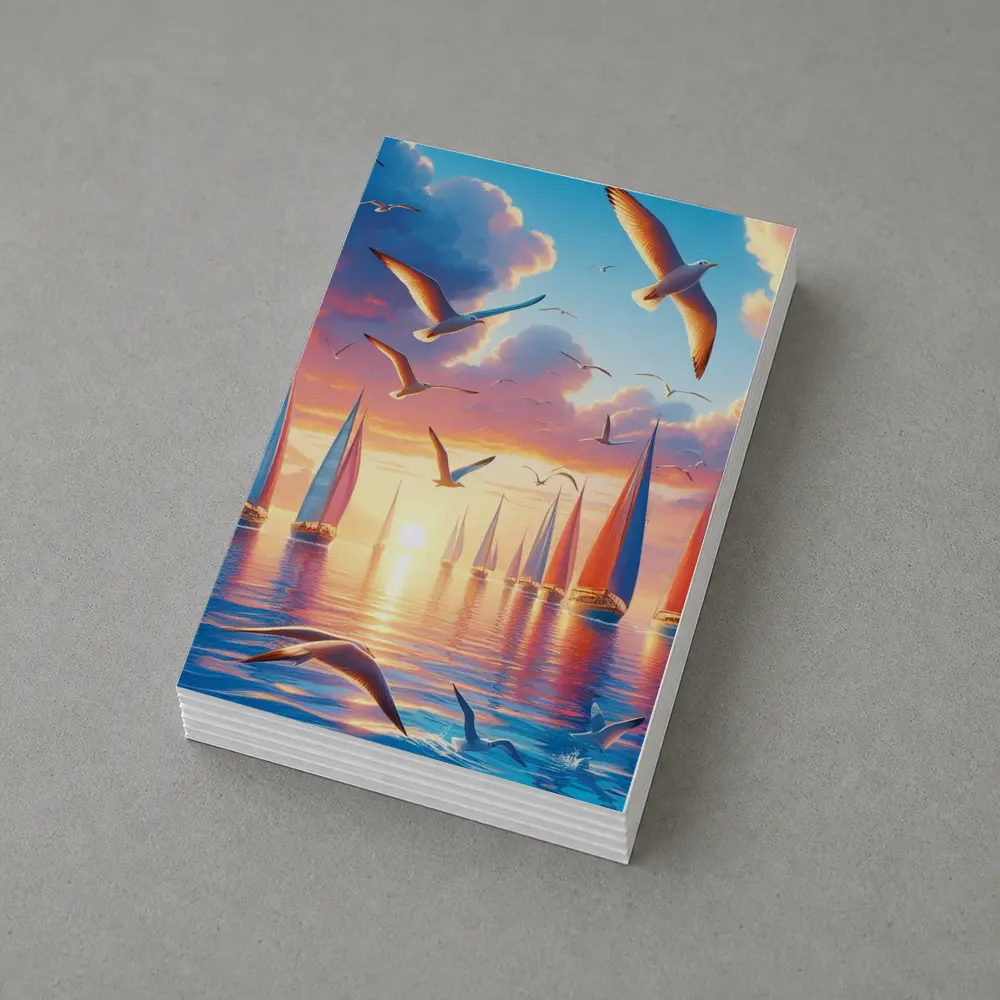 Seagulls Flying Over Sailboats Sunset Sea – Postcards