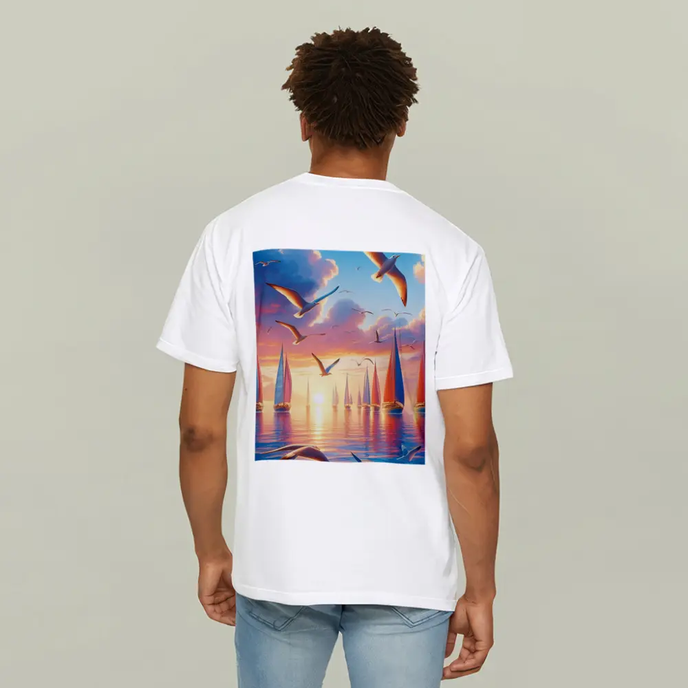 Seagulls Flying Over Sailboats Sunset Sea – T-Shirts