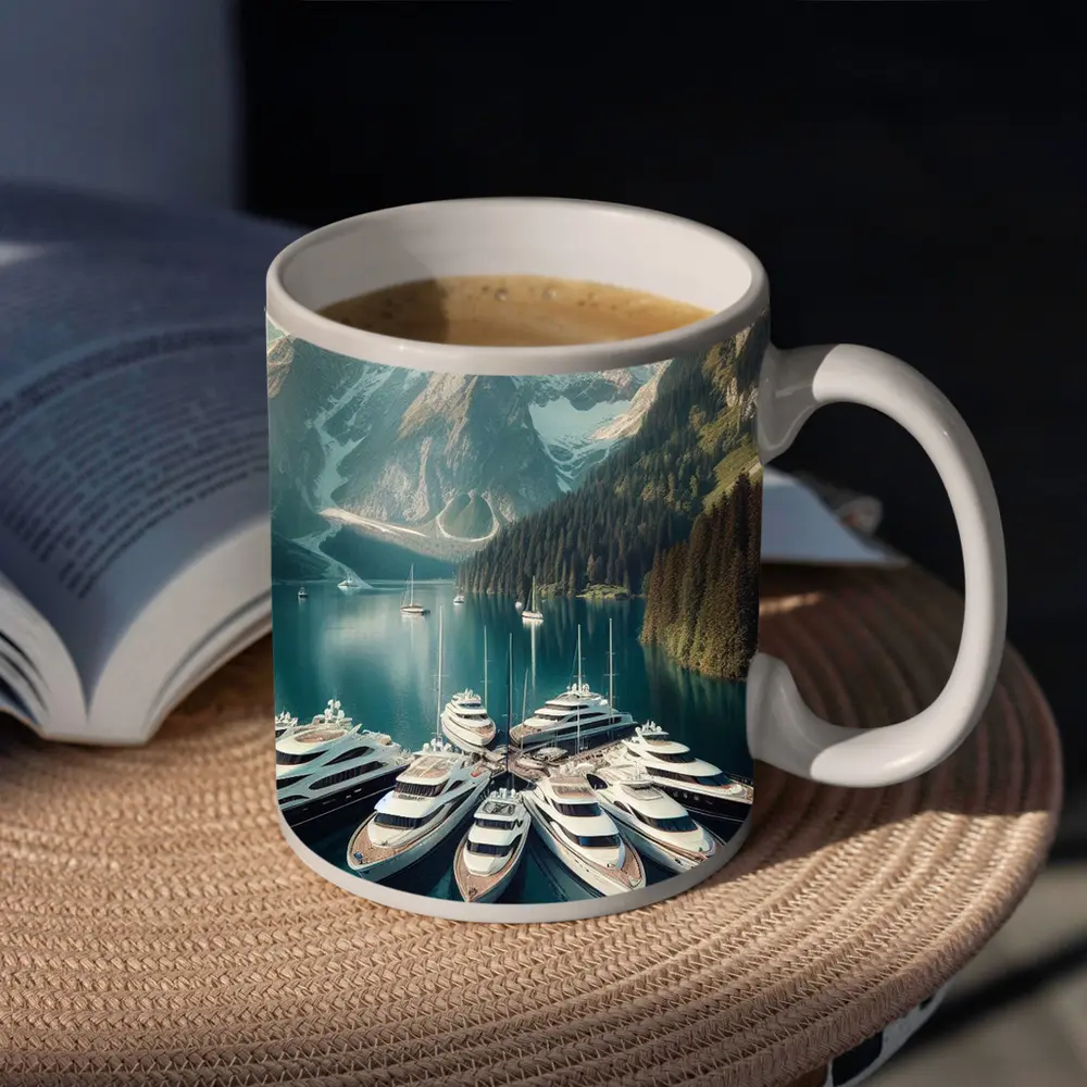 Luxury Yachts Docked Alpine Mountain Lake – Mugs