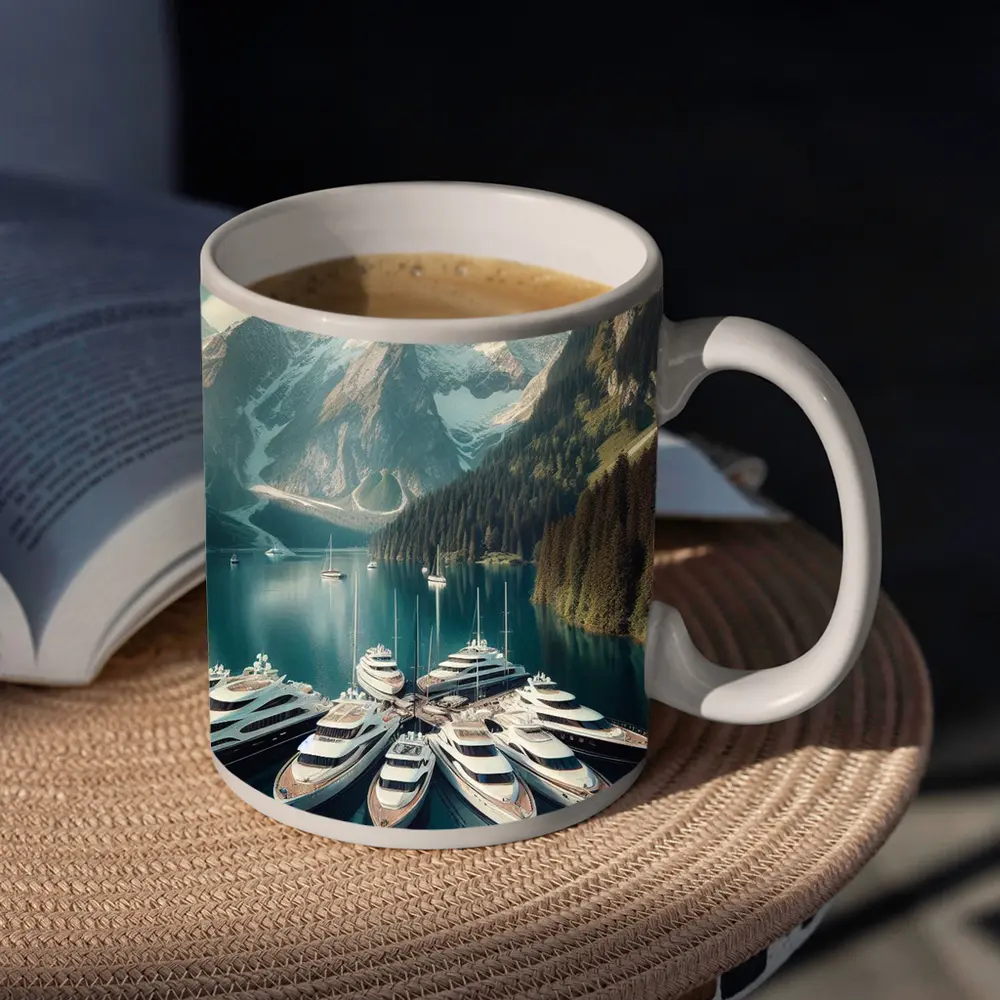 Luxury Yachts Docked Alpine Mountain Lake – Mugs