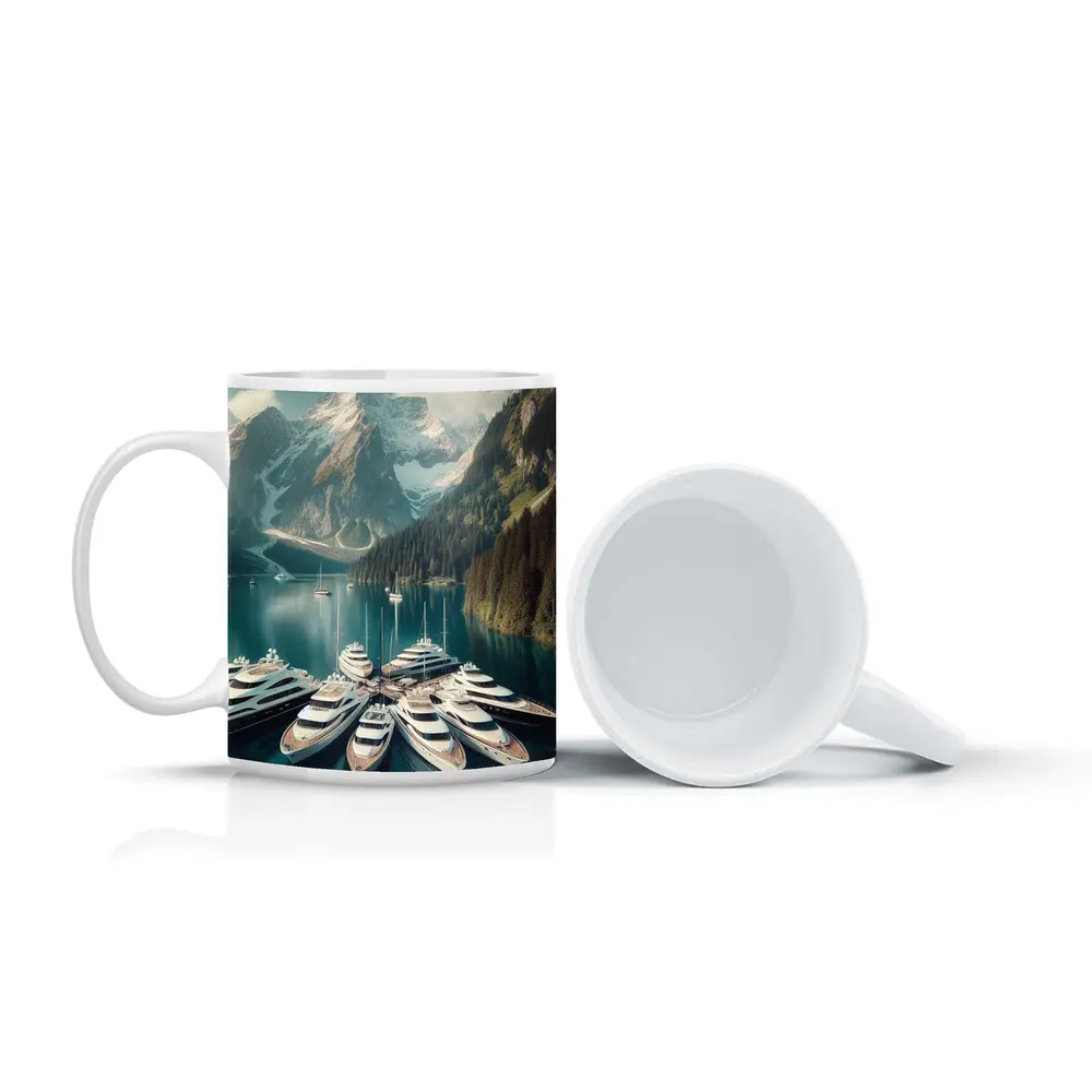 Luxury Yachts Docked Alpine Mountain Lake – Mugs